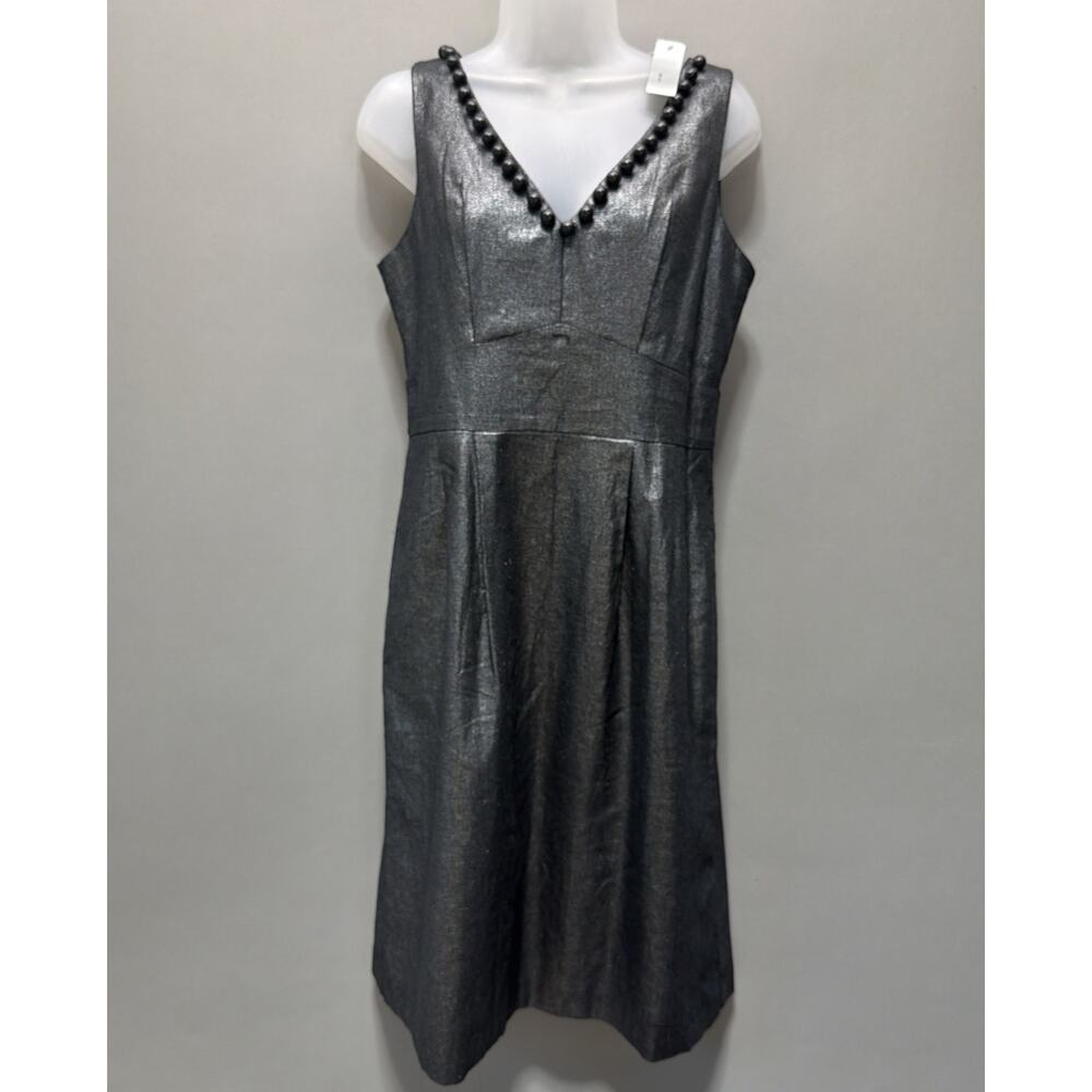 WDNY Dress 6 Black Linen Blend Beaded Metallic Sheath Knee Length Sleeveless NWT